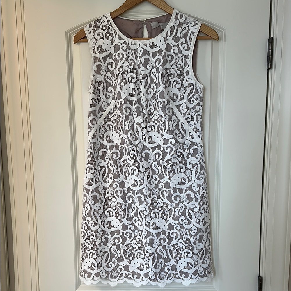 LOFT White and Tan Mini Sleeveless Sheath Dress
